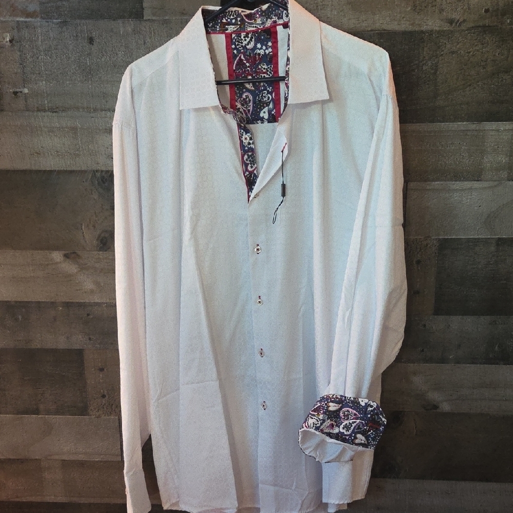 Sugar Men's White Casual Button Down Shirt with Patterned Inner Collar/Sleeve